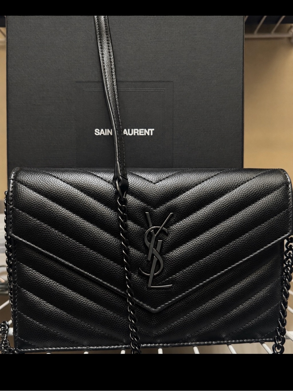 Saint Laurent Black Chevron Quilted Chain Crossbody